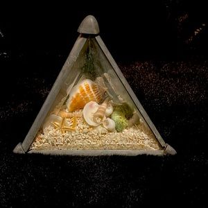 Vintage Beveled Glass Pyramid Sand  Seashells Filled Paperweight 5"